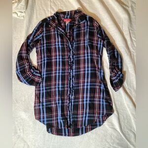 Betsey Johnson Intimates Black & Blue Plaid Pajama Sleep Top Button Up Ruffles